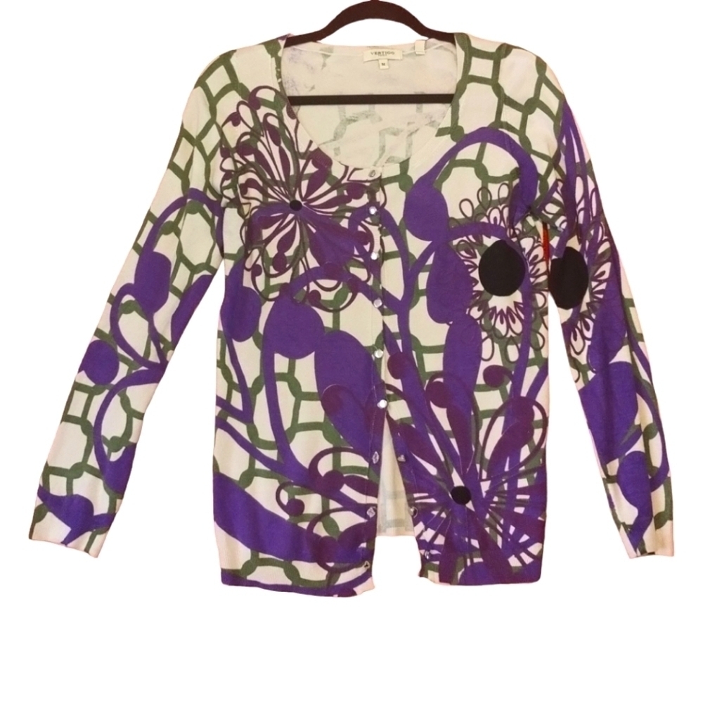 Vertigo Paris‎ Floral Button Knit Cardigan Sweater Womens L Artsy Preppy Career